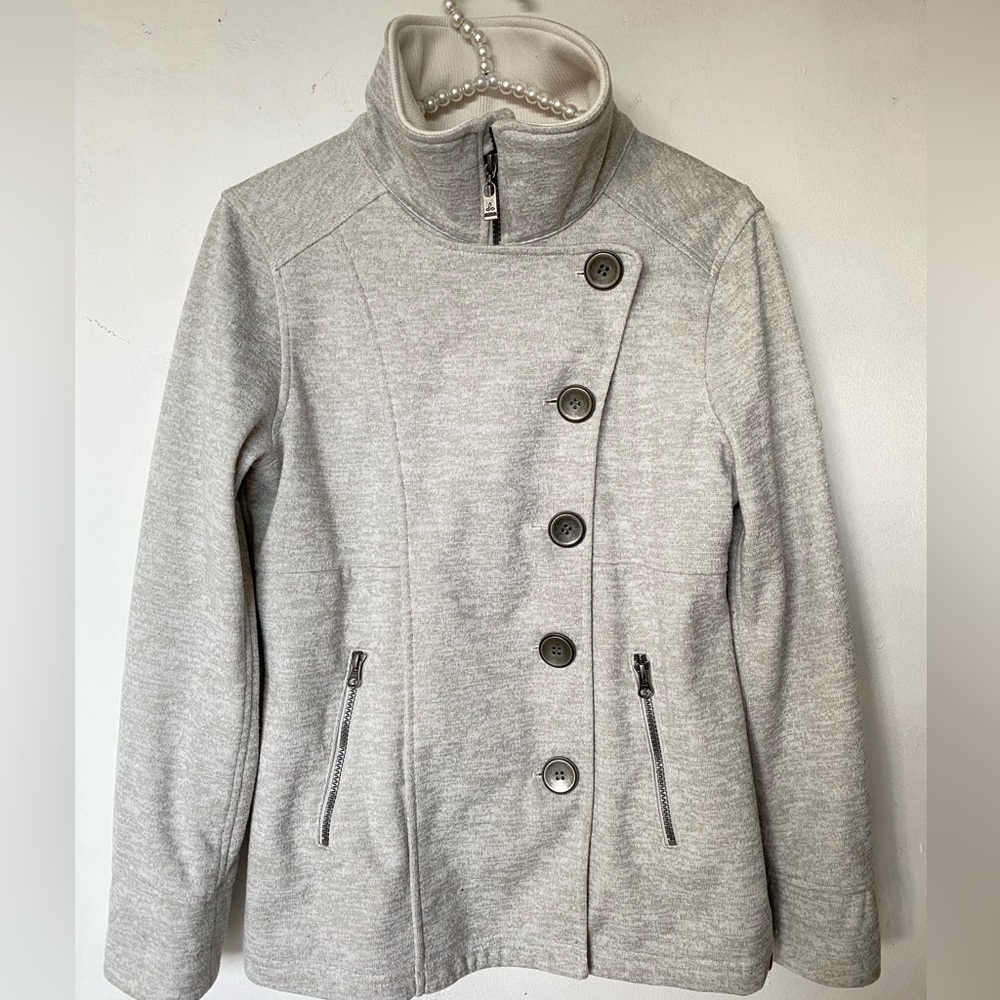 Prana Gray Pea Coat with High Collar and Asymmetrical Design yoga